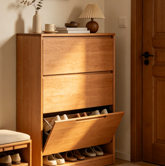 Nordic wooden flip-down shoe cabinet - Image 2